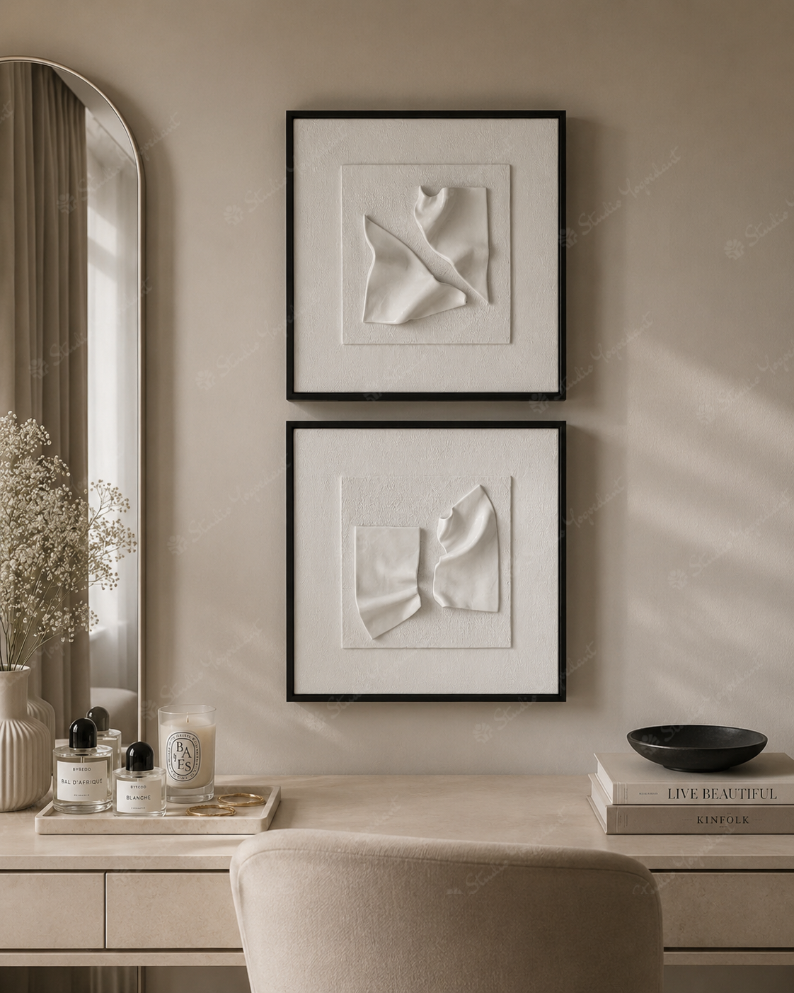 White Fabric Relief Framed Art