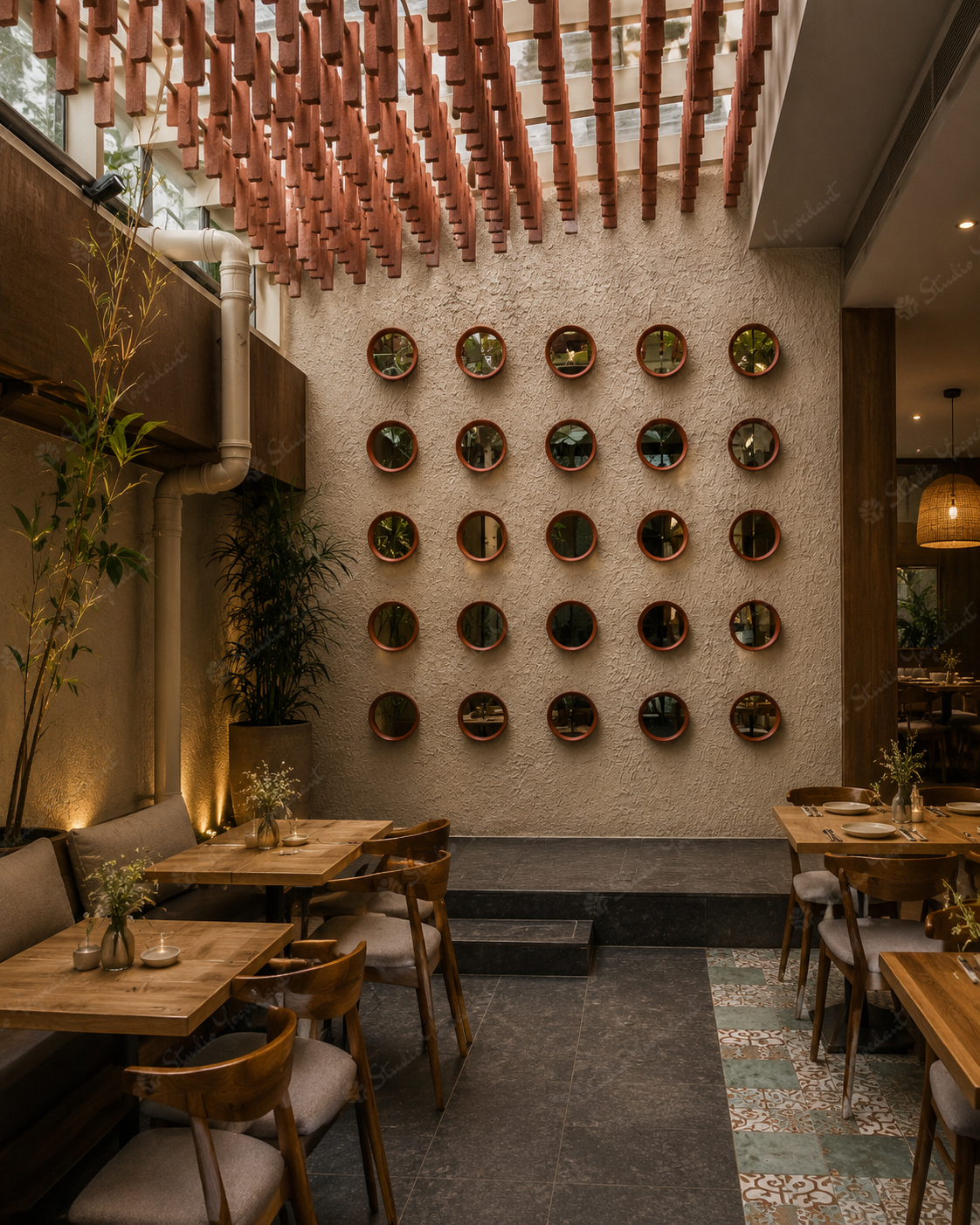 Modern Terracotta Round Mirror Grid Wall Installation