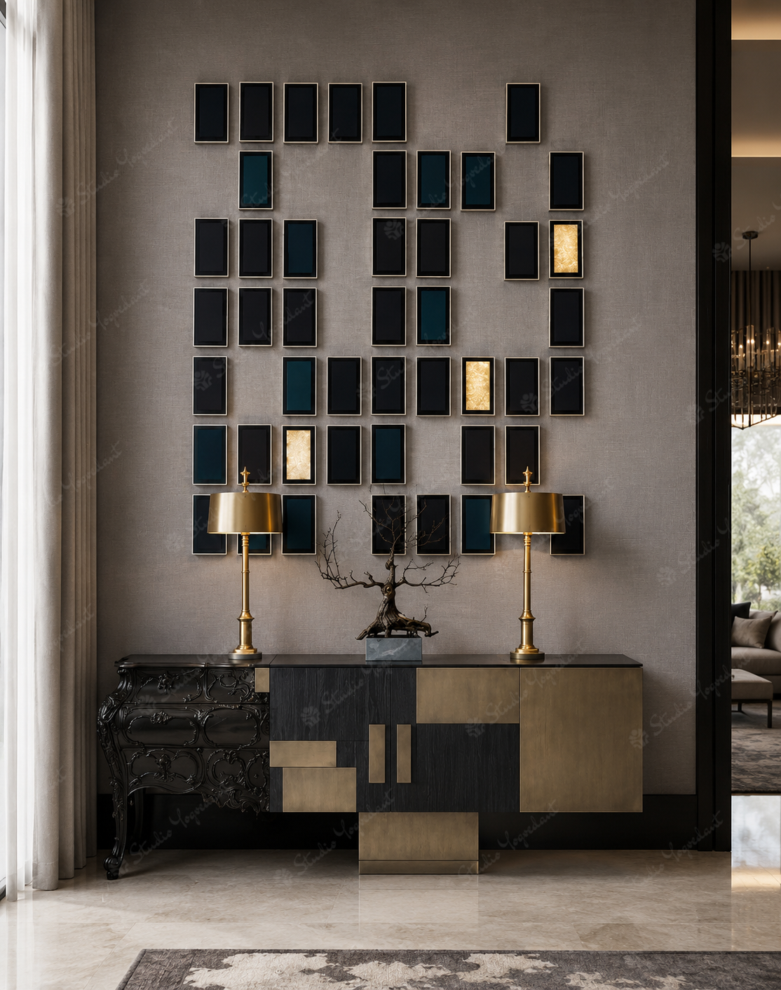 Geometric Velvet and Gold Block Wall Art
