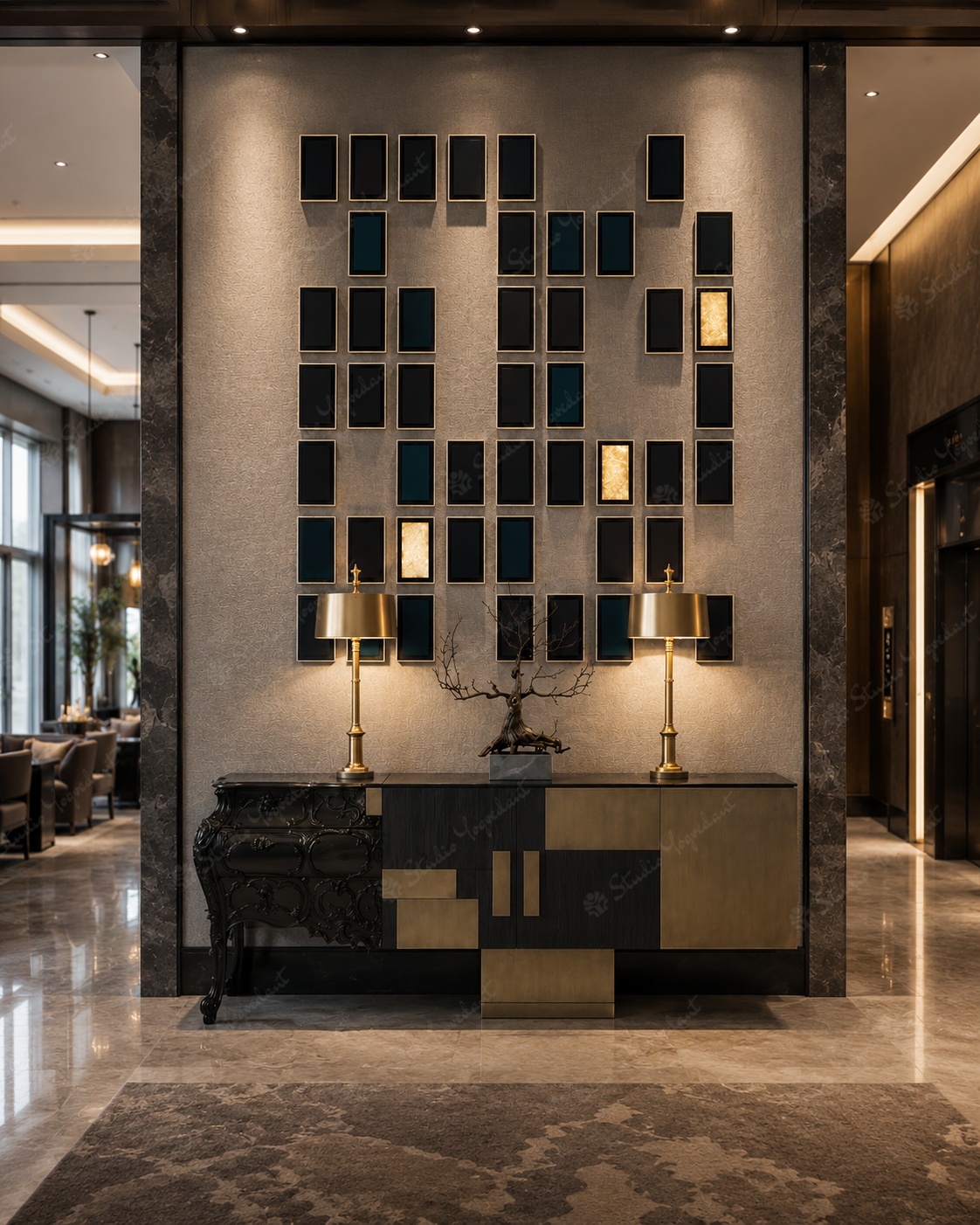 Geometric Velvet and Gold Block Wall Art - Image 2