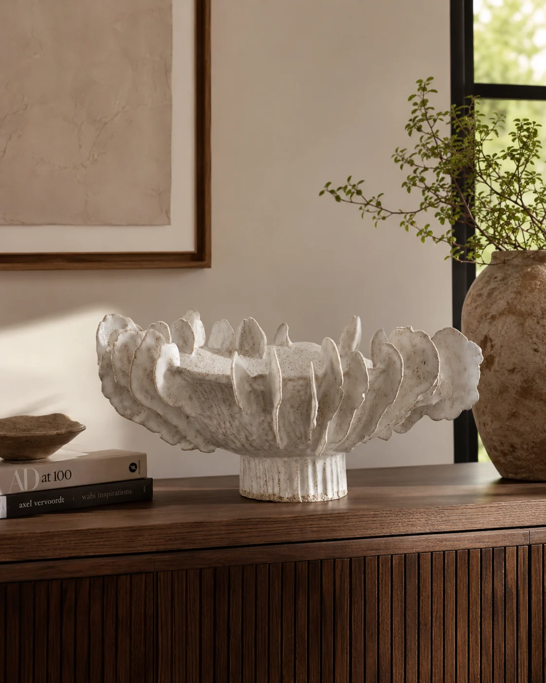 Fluted Grey Pedestal Bowl Sculpture - Image 2