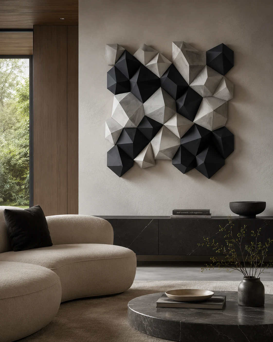 Monochrome Faceted Geometric Wall Sculpture - Image 4