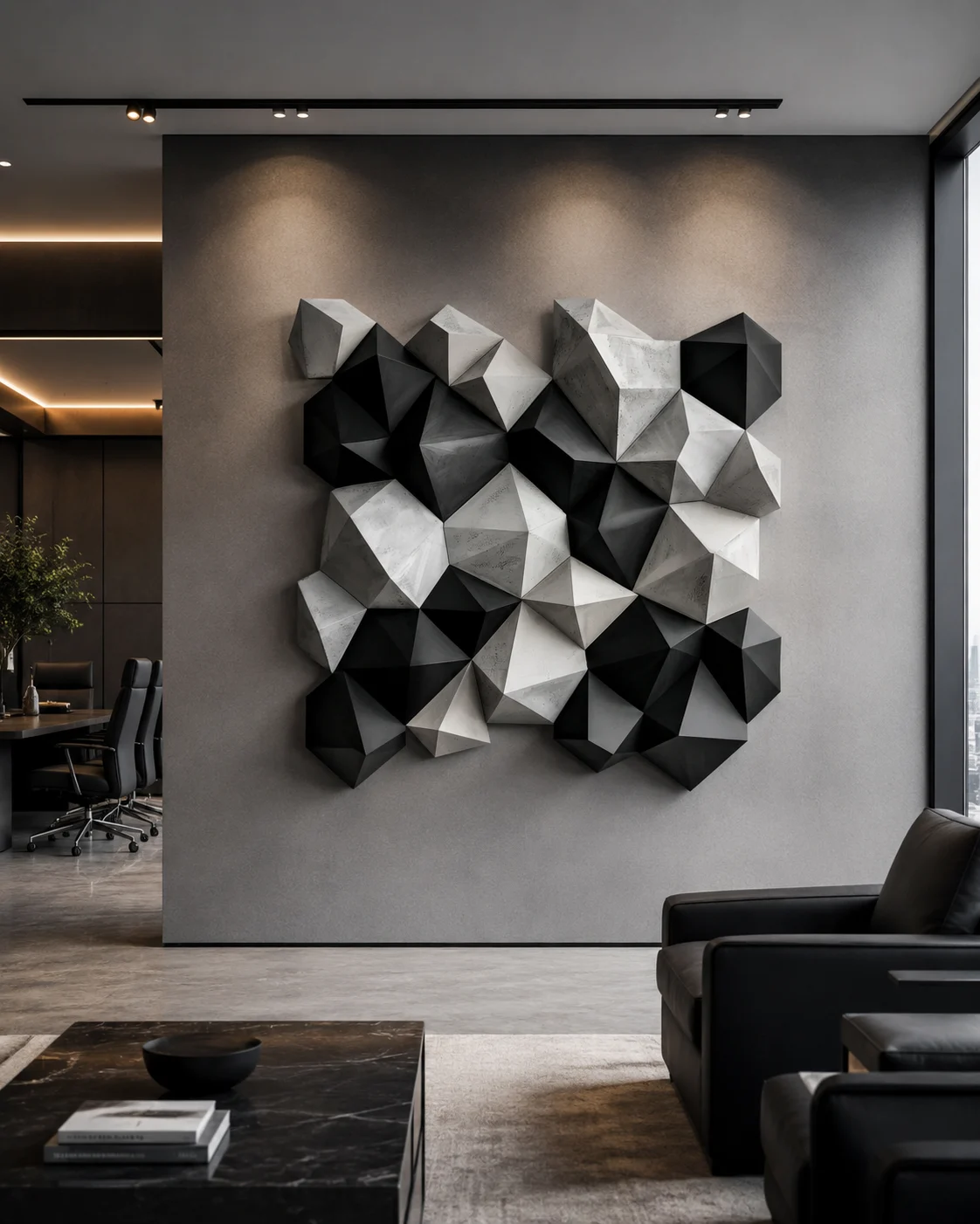 Monochrome Faceted Geometric Wall Sculpture - Image 3