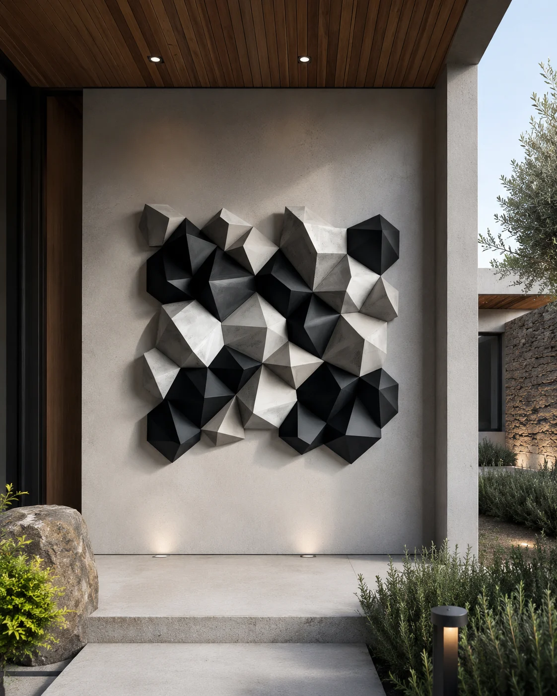 Monochrome Faceted Geometric Wall Sculpture - Image 2