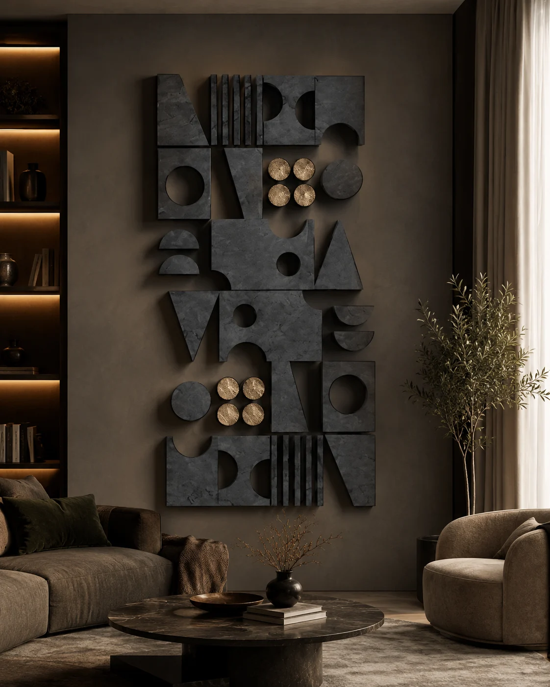 Monolith Rhythm – Geometric Charcoal & Gold Wall Sculpture - Image 3
