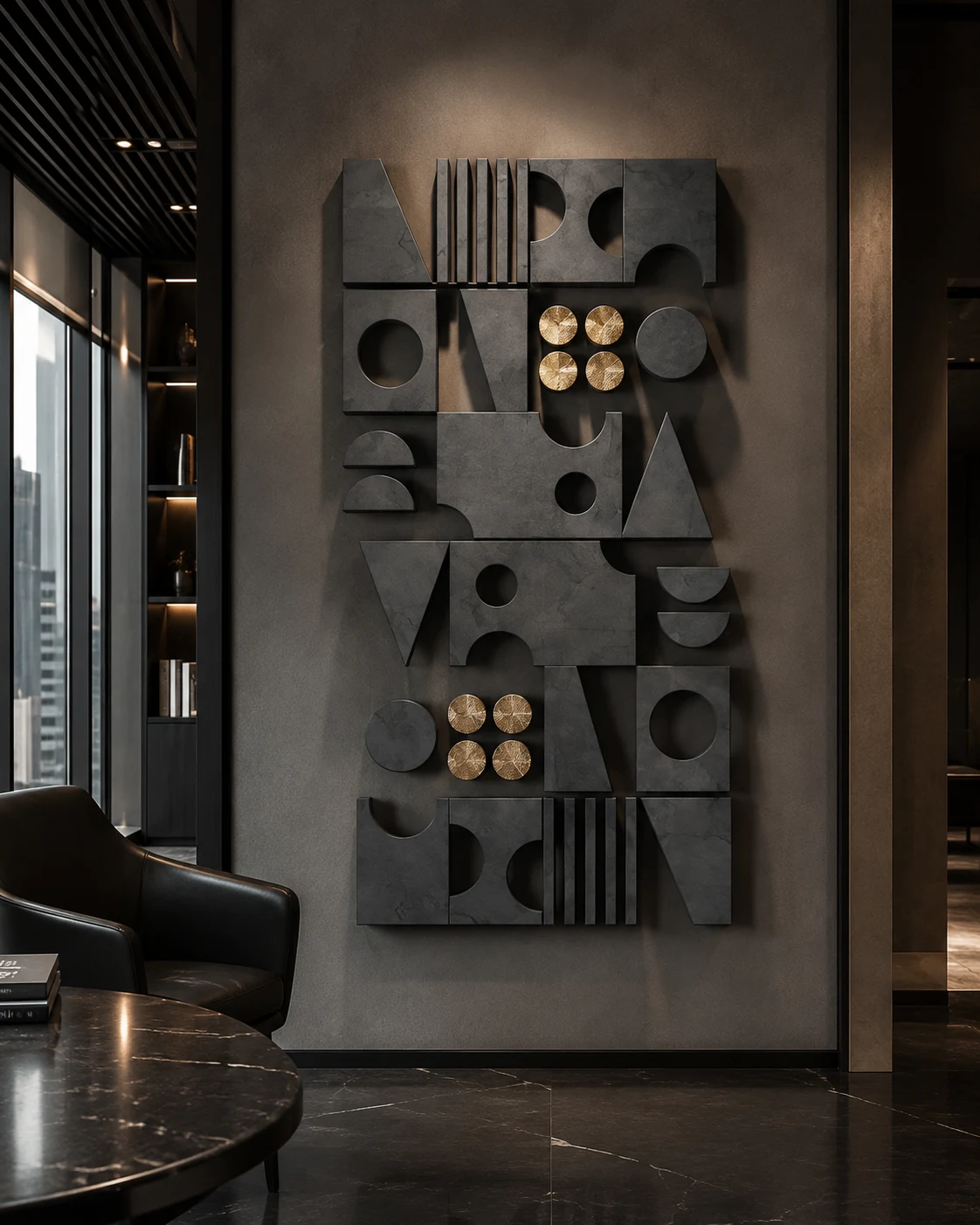 Monolith Rhythm – Geometric Charcoal & Gold Wall Sculpture - Image 2