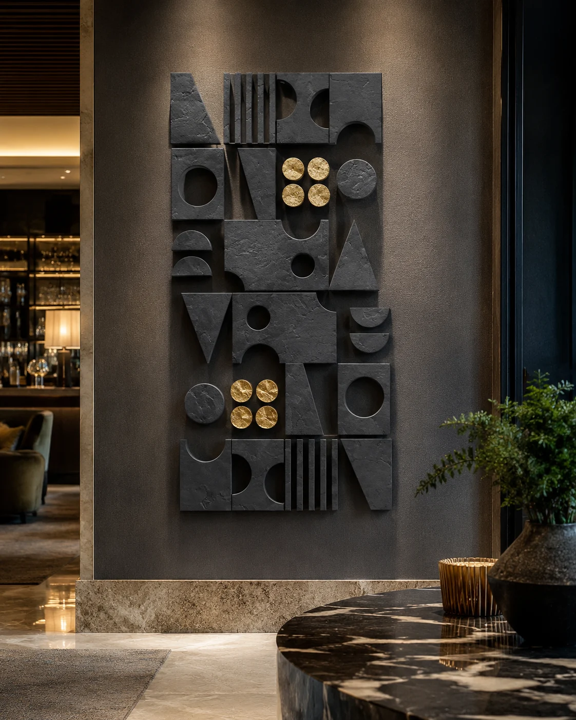 Monolith Rhythm – Geometric Charcoal & Gold Wall Sculpture