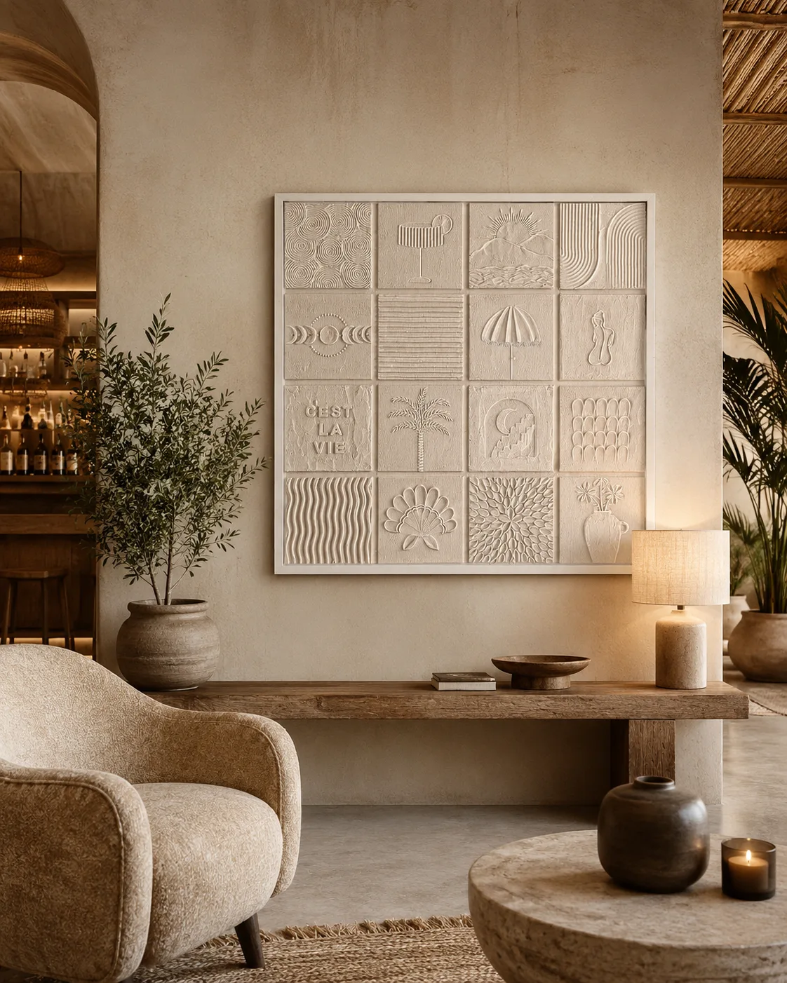 White Motif Relief Grid