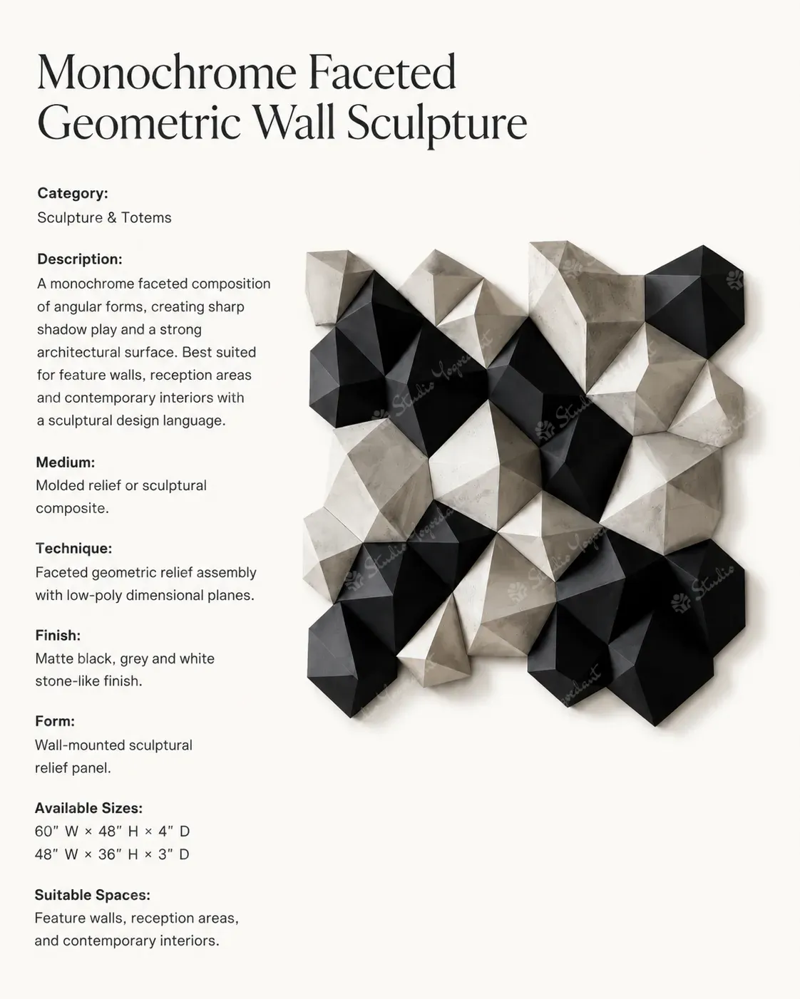 Monochrome Faceted Geometric Wall Sculpture - Image 3