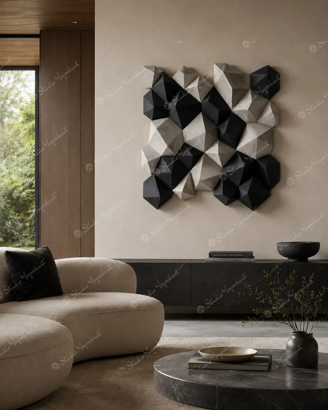 Monochrome Faceted Geometric Wall Sculpture - Image 7
