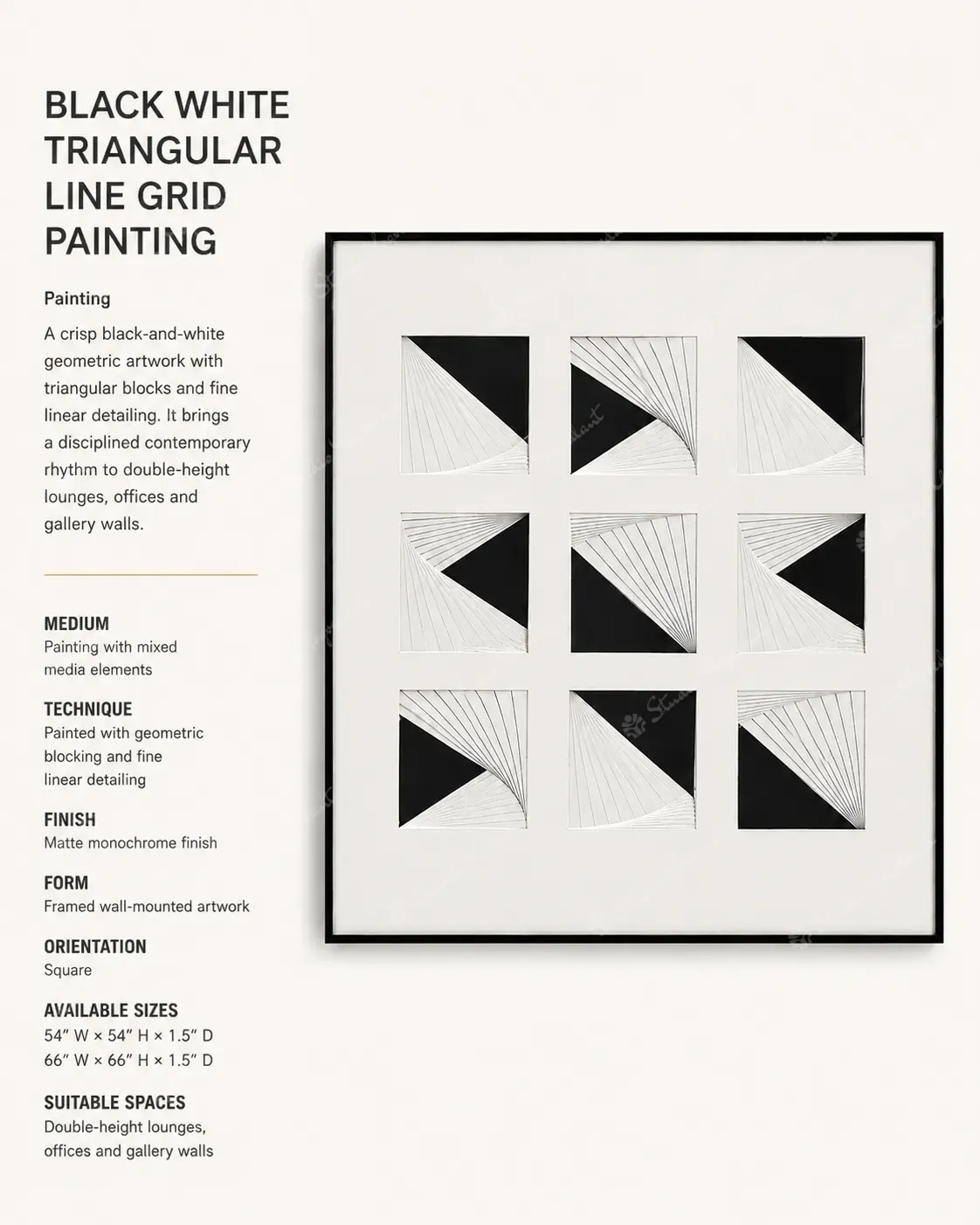 Black White Triangular Line Grid Painting - Image 3