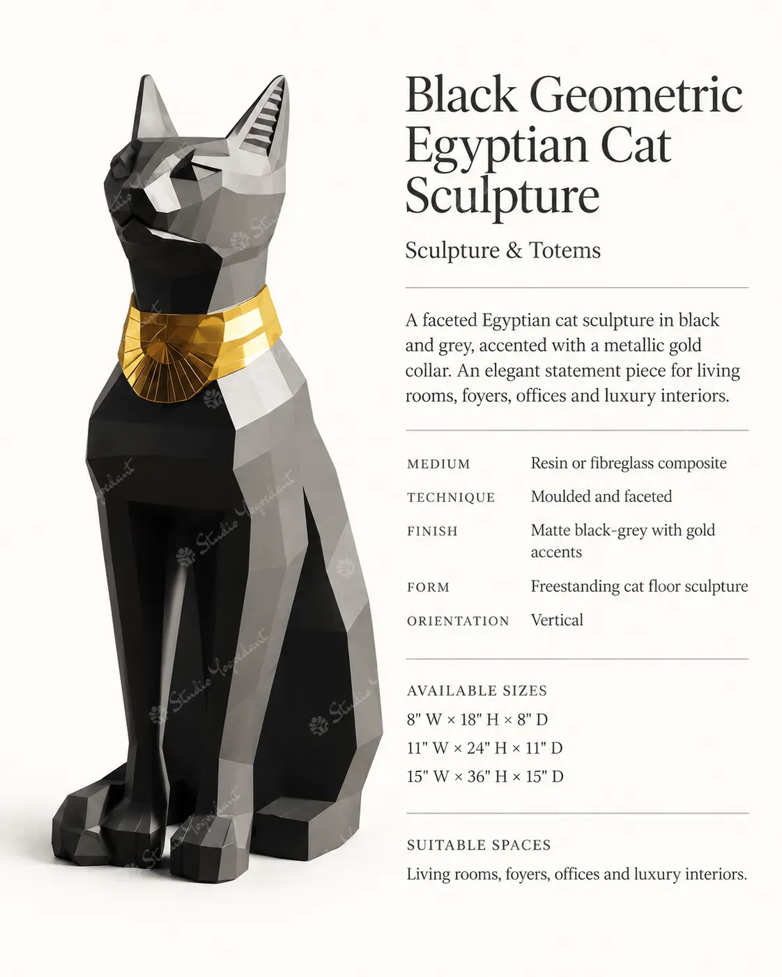 Black Geometric Egyptian Cat Sculpture - Image 3