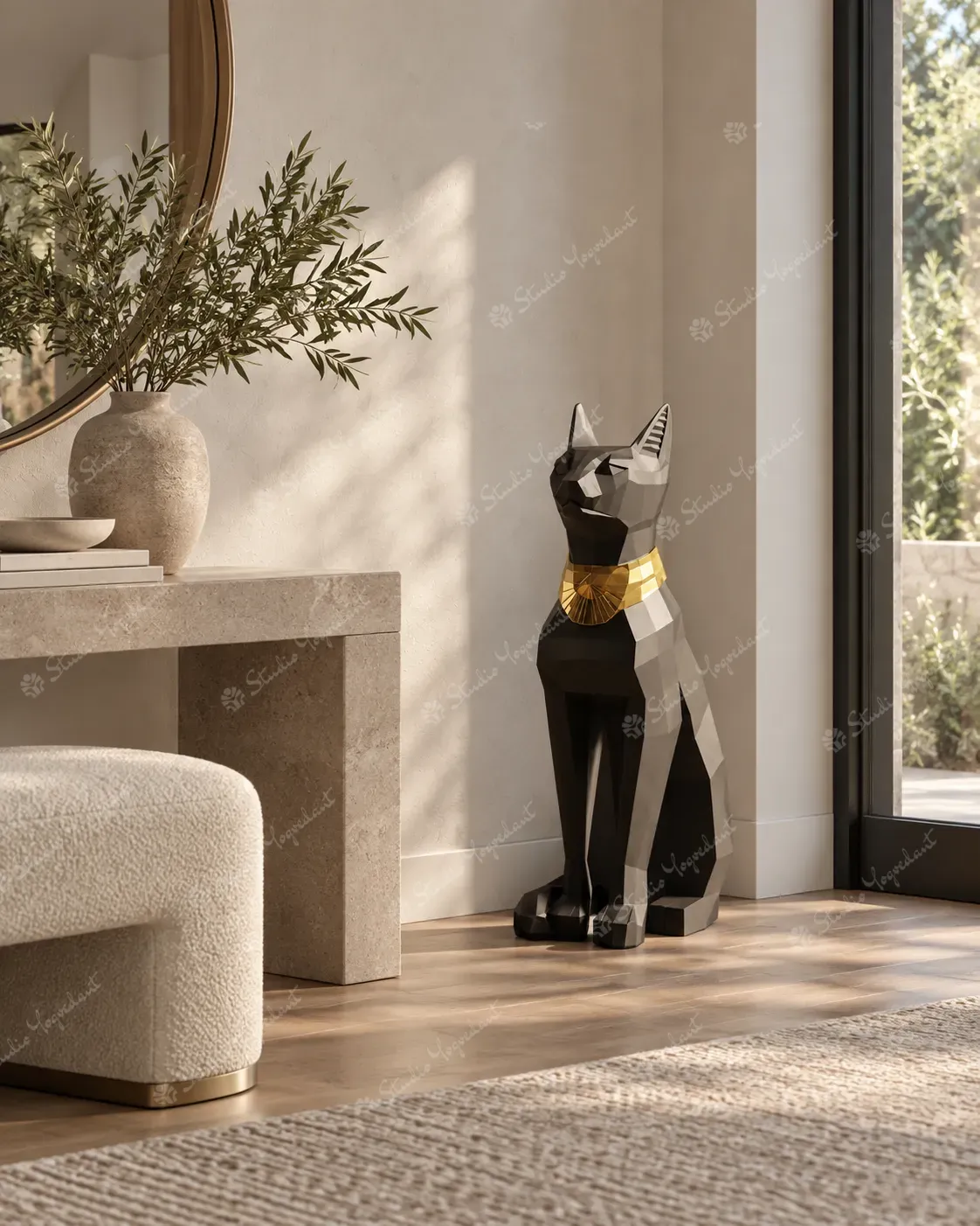 Black Geometric Egyptian Cat Sculpture - Image 8