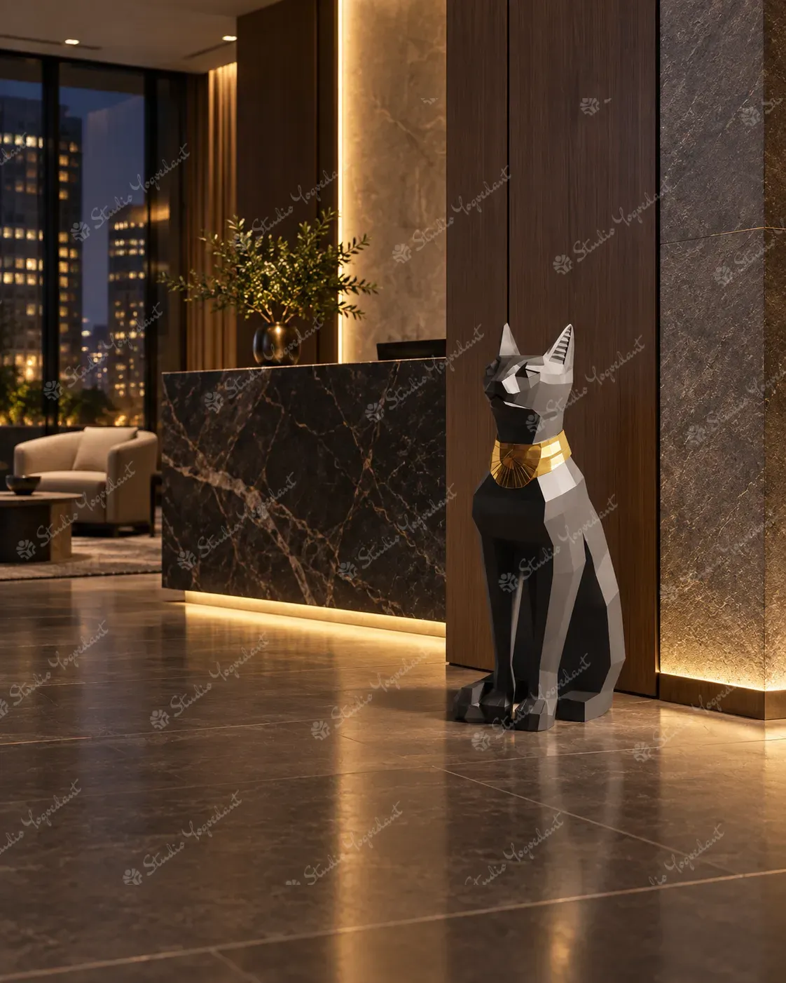 Black Geometric Egyptian Cat Sculpture - Image 9