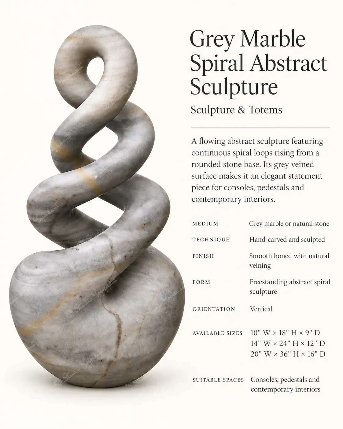 Grey Marble Spiral Abstract Sculpture - Image 3