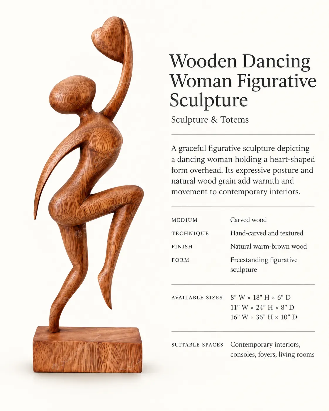 Wooden Dancing Woman Figurative Sculpture - Image 3