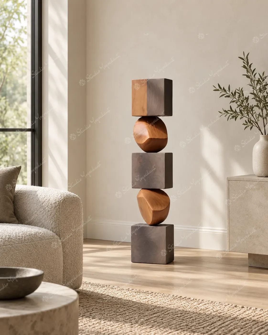 Natural Wood-Effect Geometric Floor Totem Sculpture - Image 7