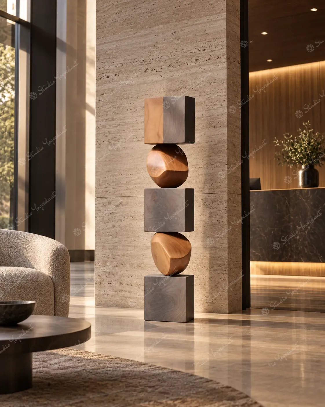 Natural Wood-Effect Geometric Floor Totem Sculpture - Image 8