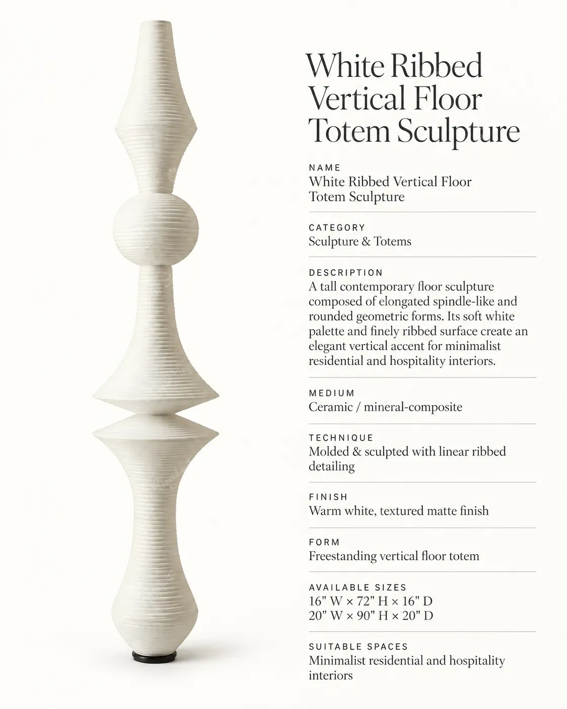 White Ribbed Vertical Floor Totem Sculpture - Image 3