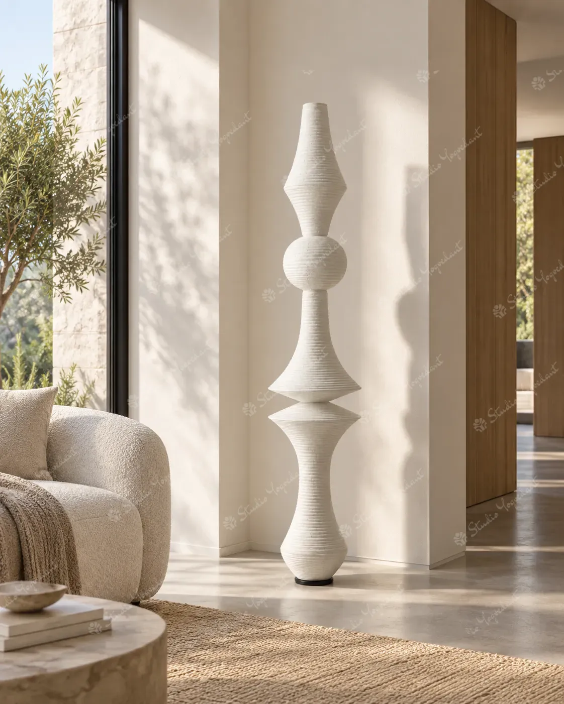 White Ribbed Vertical Floor Totem Sculpture - Image 7