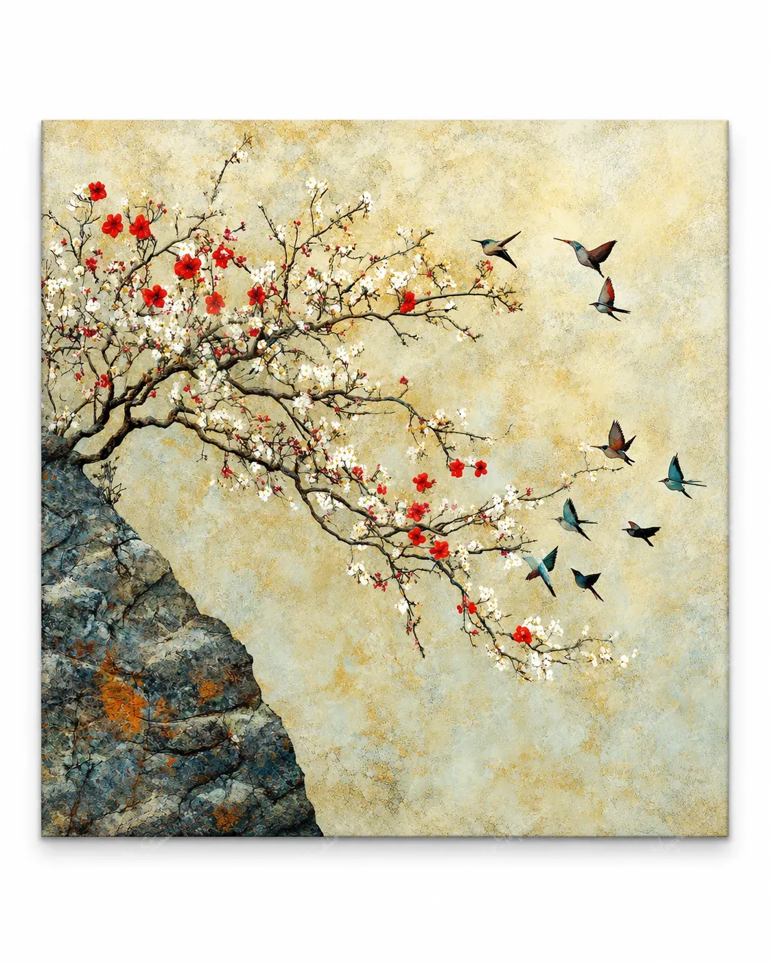 Red Blossom and Birds Botanical Painting
