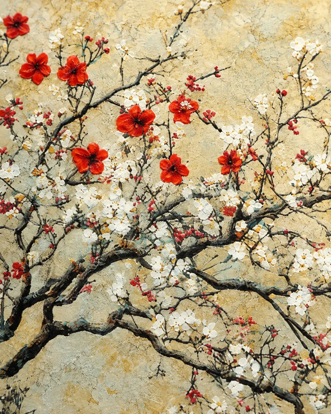 Red Blossom and Birds Botanical Painting - Image 2