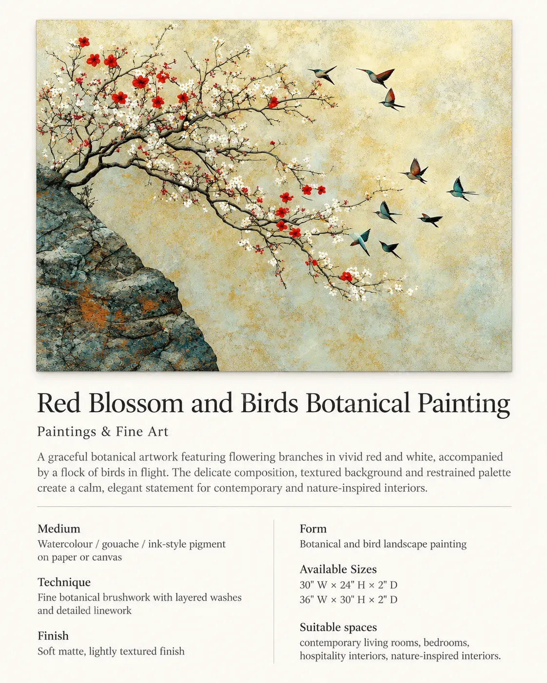 Red Blossom and Birds Botanical Painting - Image 3