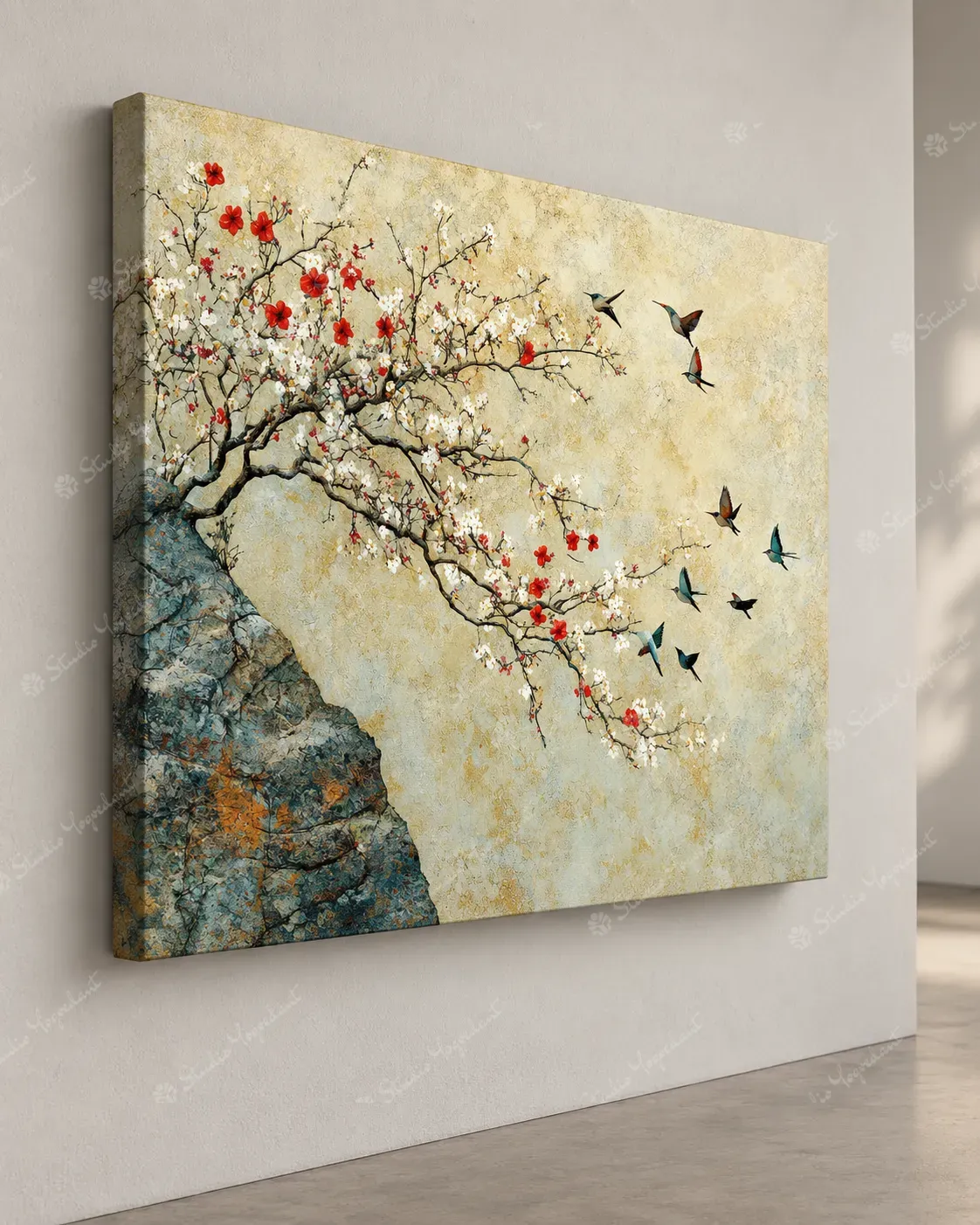 Red Blossom and Birds Botanical Painting - Image 6