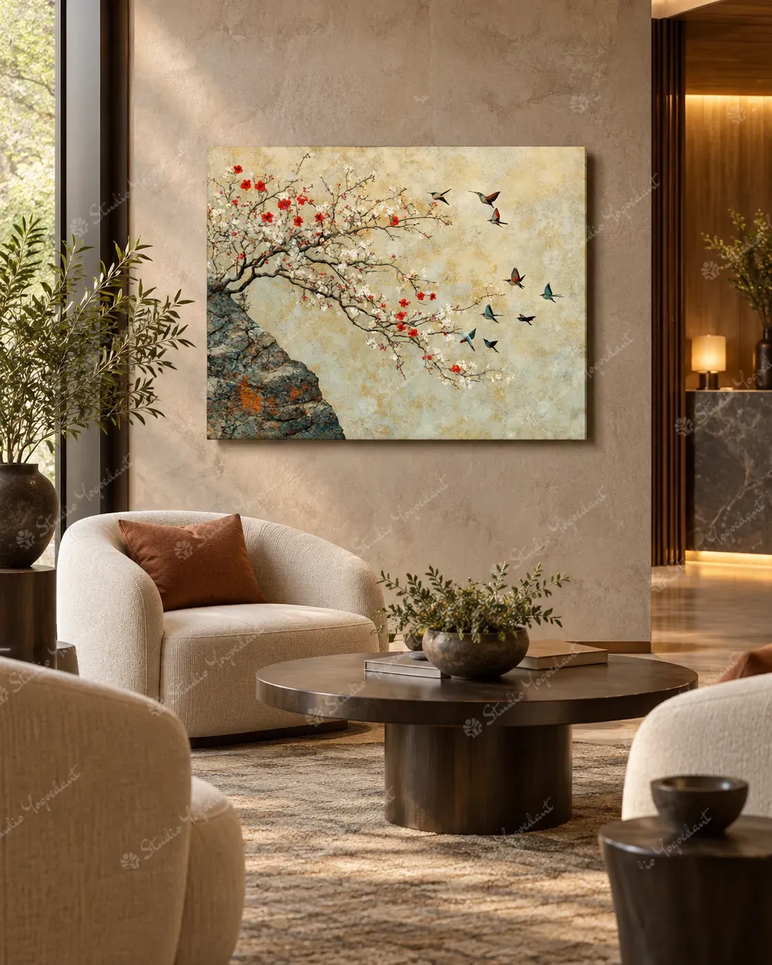 Red Blossom and Birds Botanical Painting - Image 8