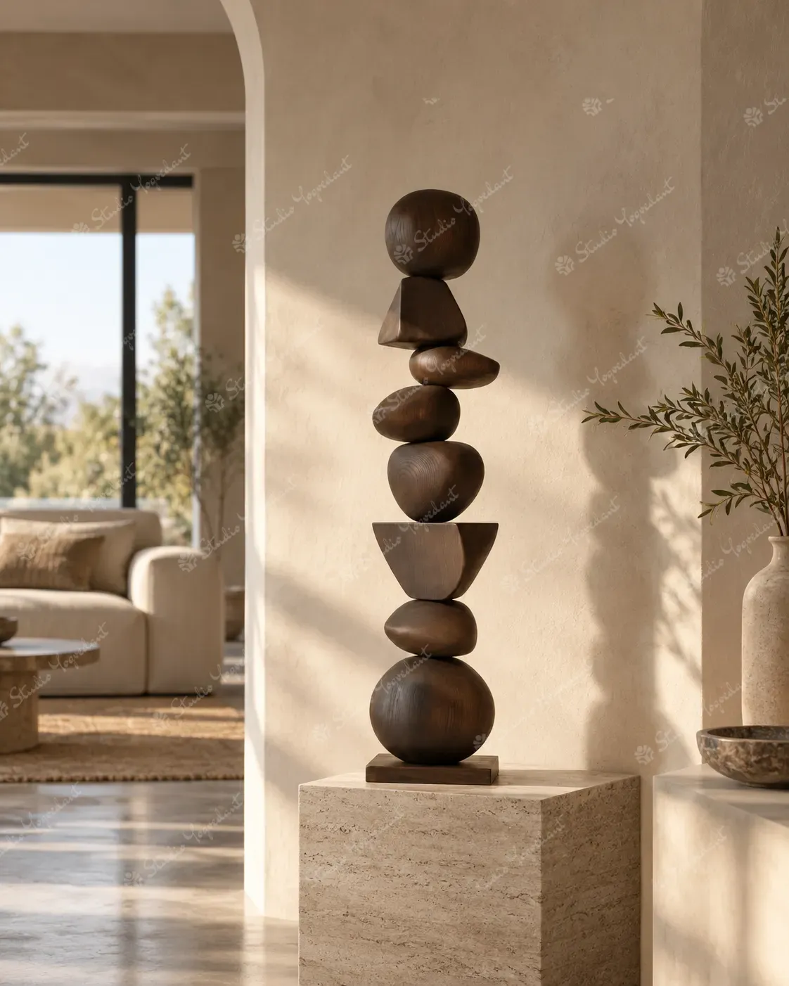 Dark Wood-Effect Balanced Pebble Floor Totem - Image 7
