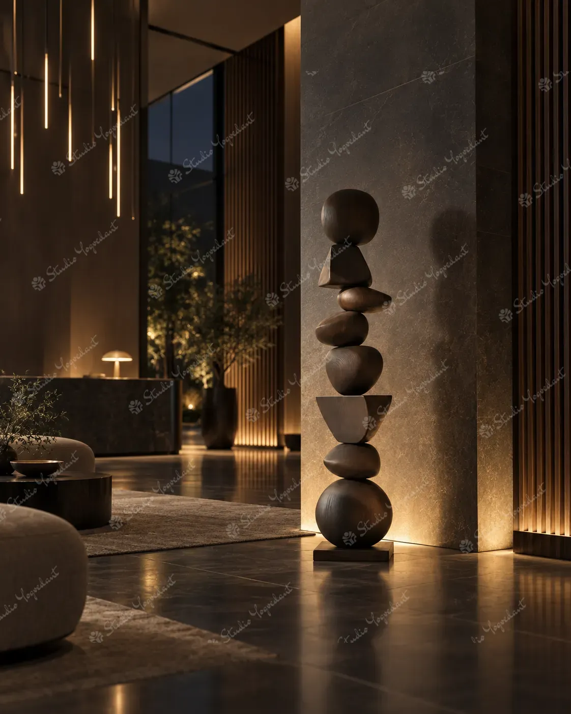 Dark Wood-Effect Balanced Pebble Floor Totem - Image 8