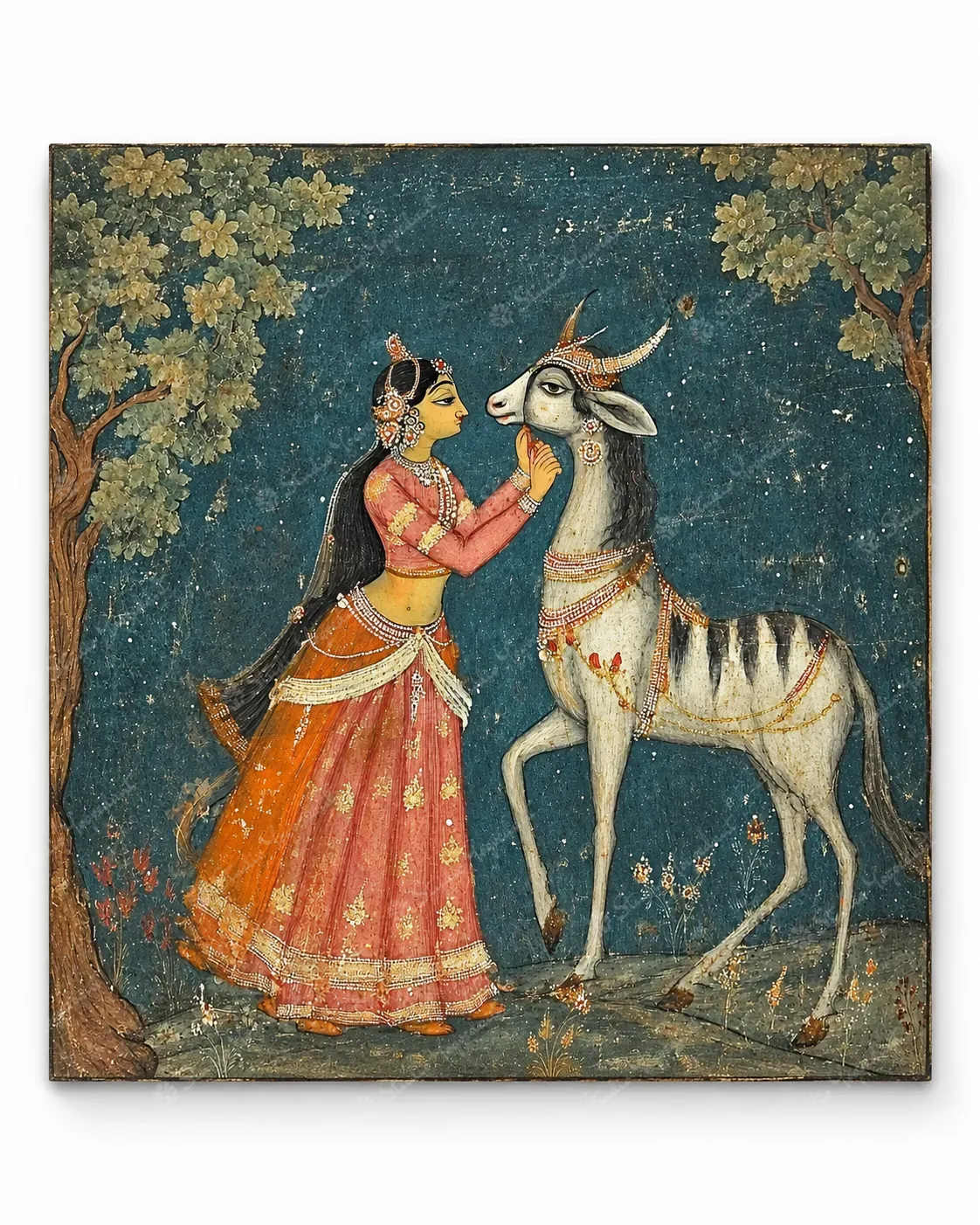 Indian Miniature Woman and Antelope Art Print