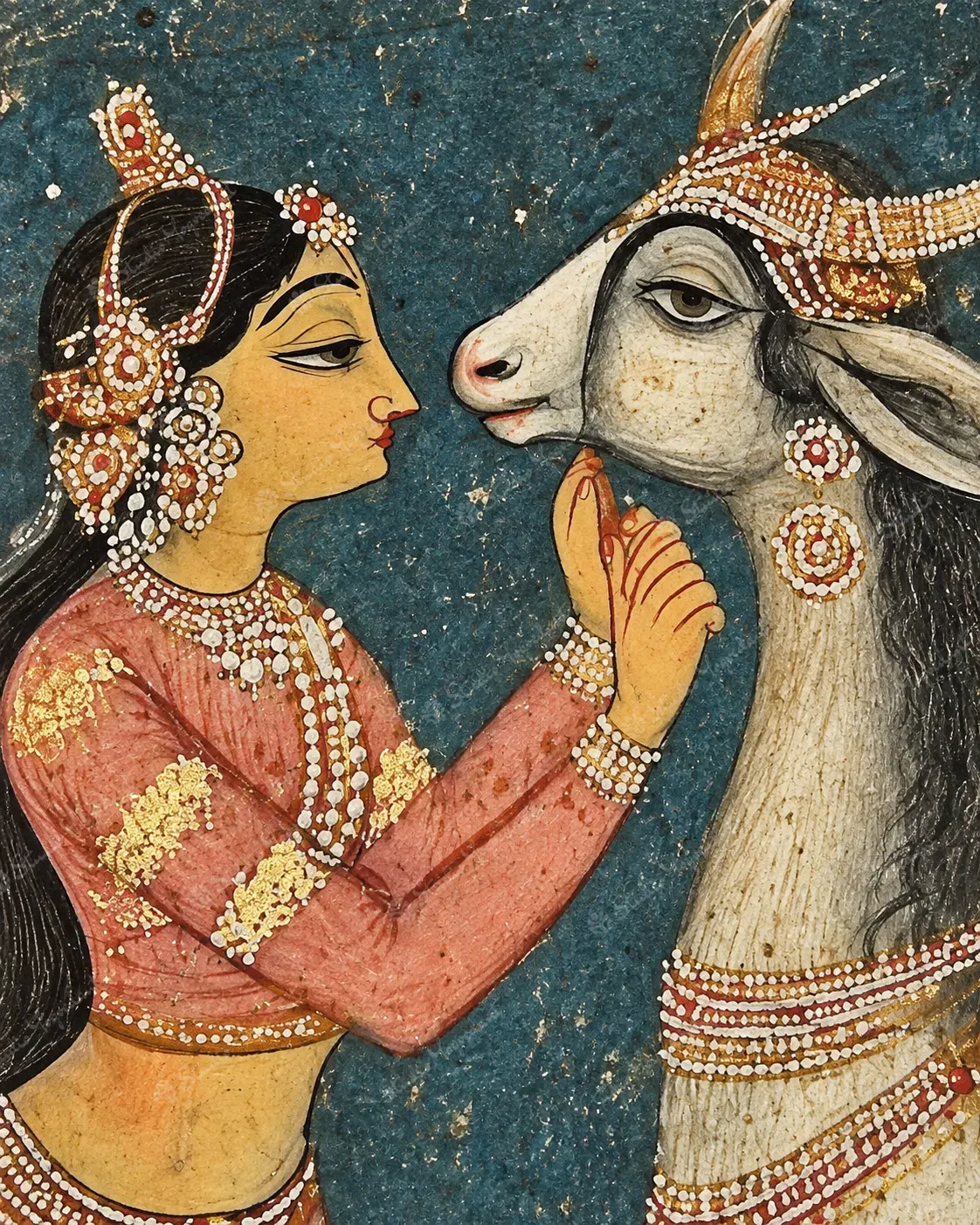 Indian Miniature Woman and Antelope Art Print - Image 2