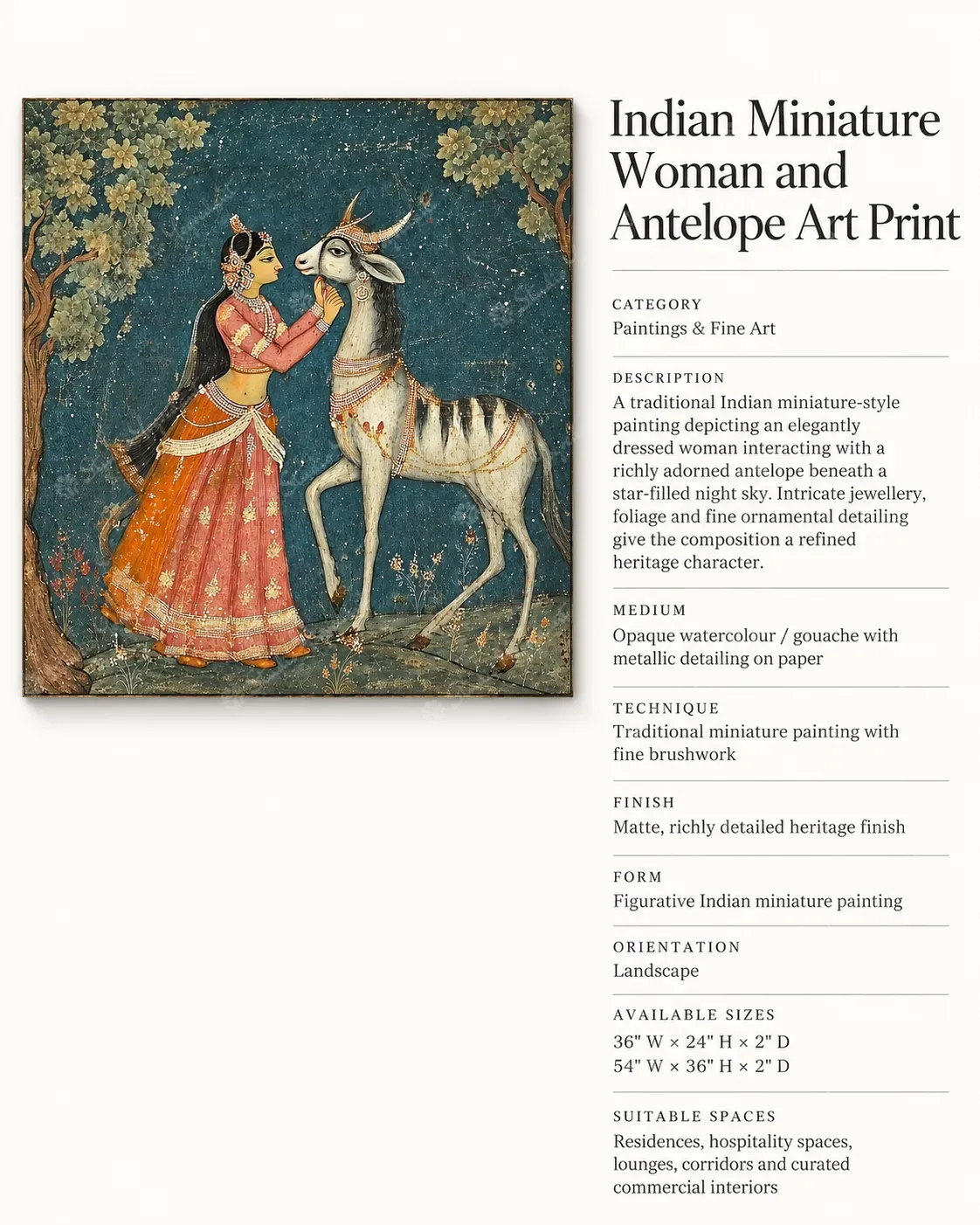 Indian Miniature Woman and Antelope Art Print - Image 3