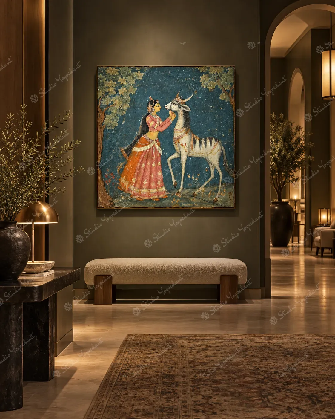 Indian Miniature Woman and Antelope Art Print - Image 7