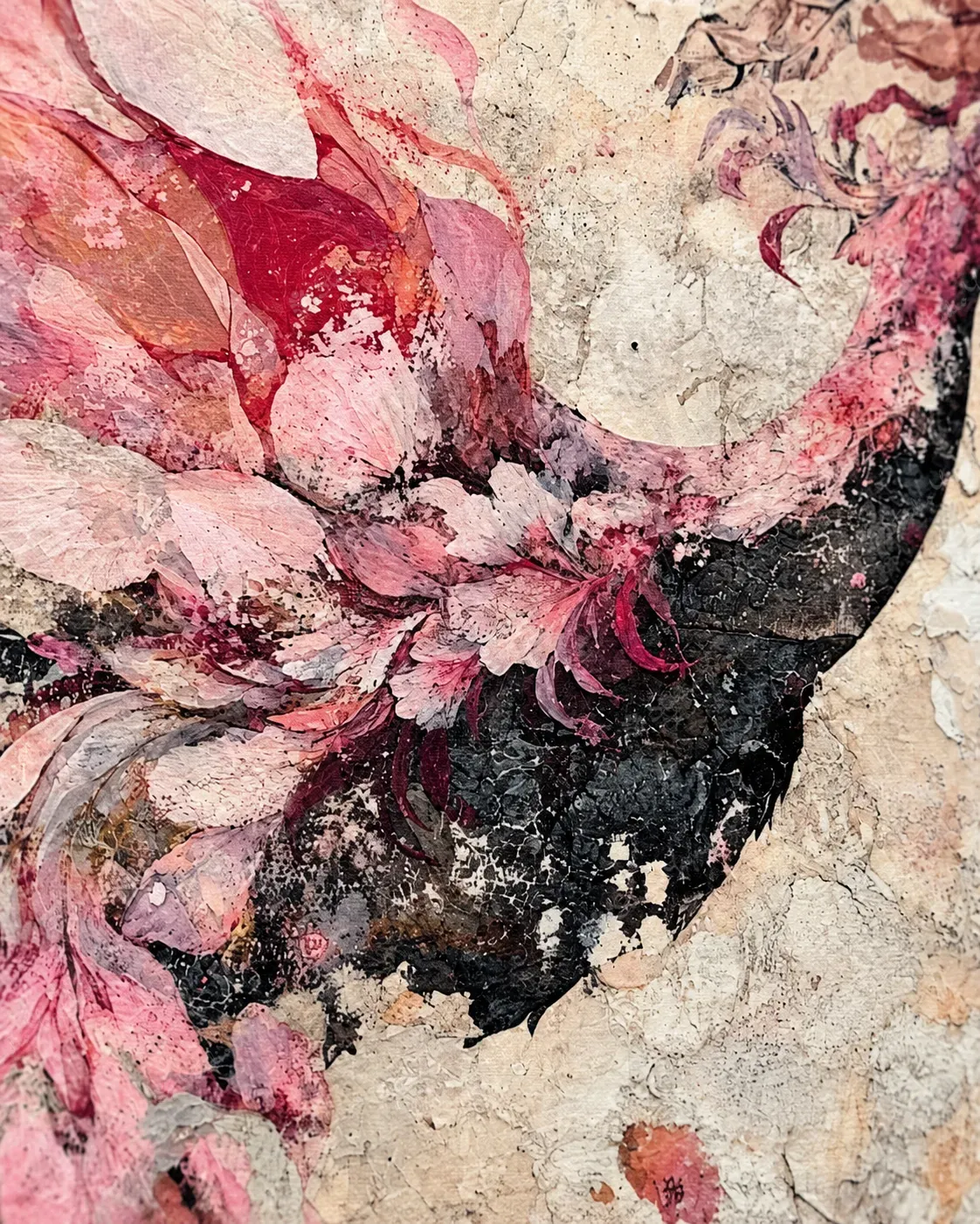 Pink Crane Textured Abstract Art Print - Image 2