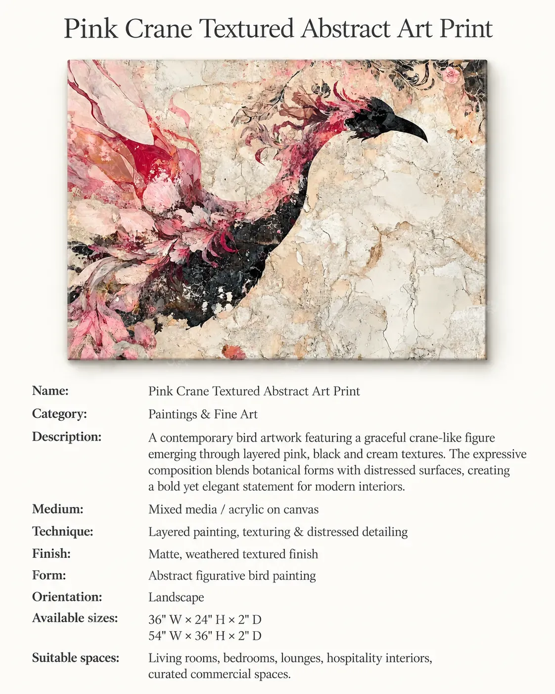 Pink Crane Textured Abstract Art Print - Image 3
