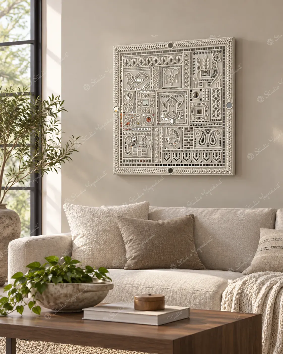 White Lippan Mirror Work Wall Panel - Image 7