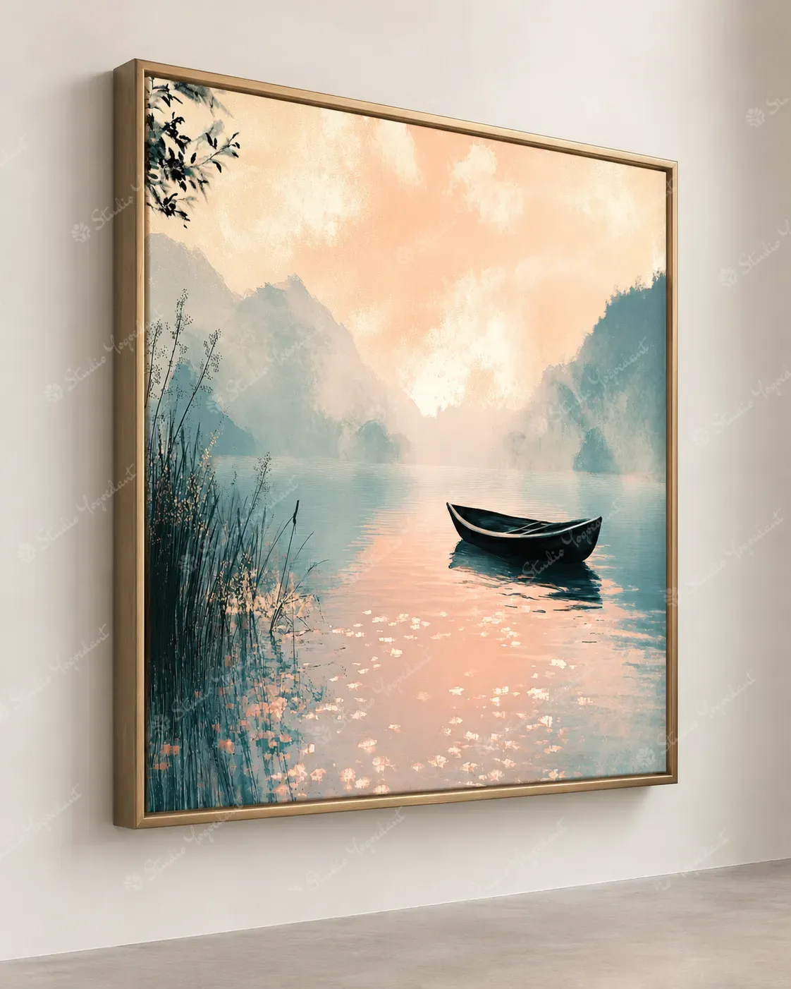 Serene Boat on Lake Landscape Painting - Image 6
