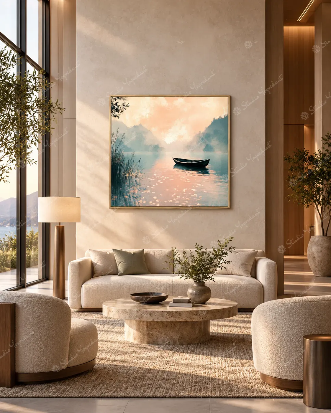 Serene Boat on Lake Landscape Painting - Image 8