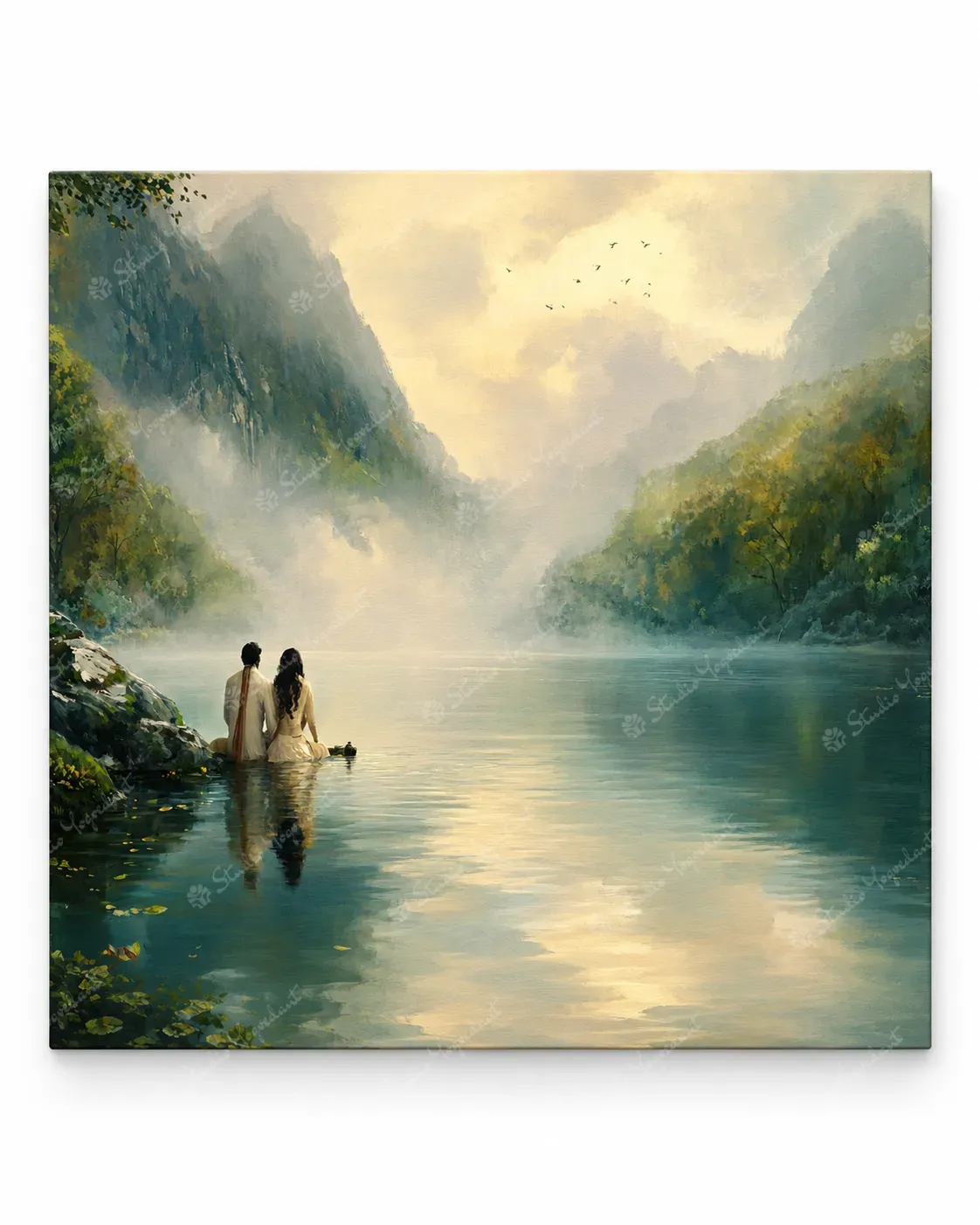 Lakeside Couple Mountain Landscape Painting