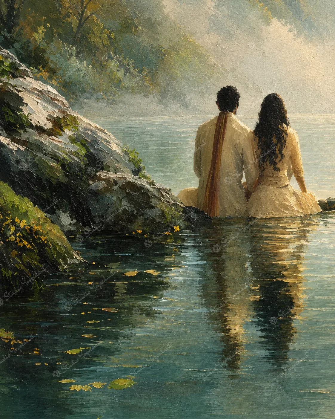 Lakeside Couple Mountain Landscape Painting - Image 2