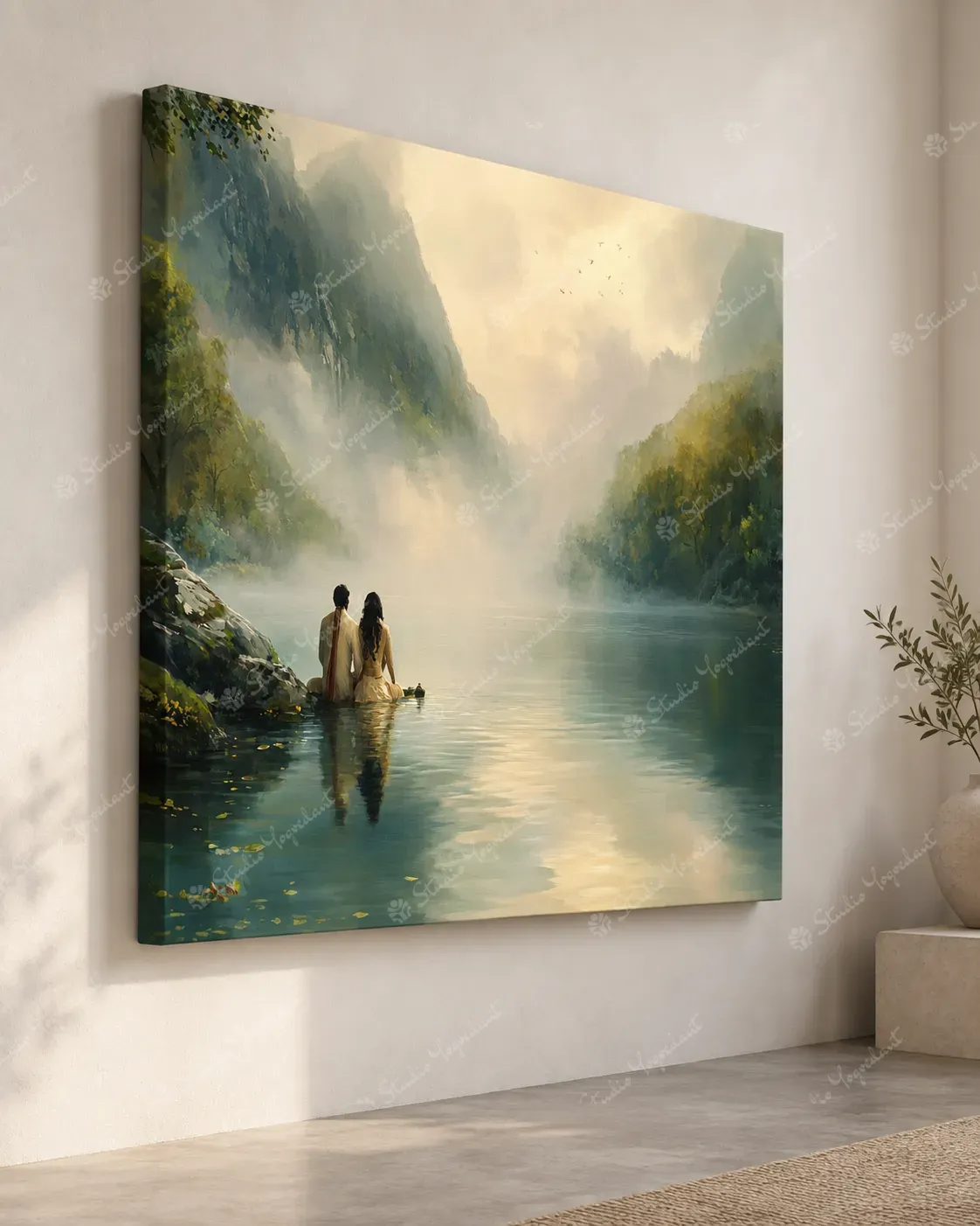 Lakeside Couple Mountain Landscape Painting - Image 6