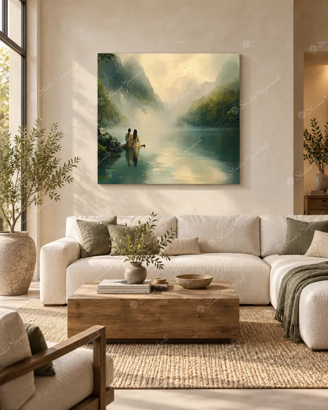 Lakeside Couple Mountain Landscape Painting - Image 7