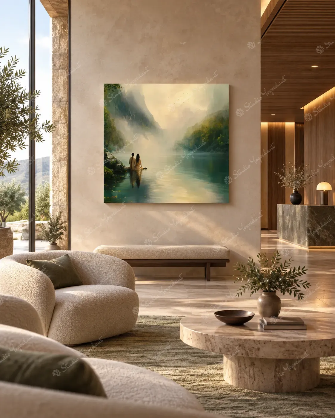 Lakeside Couple Mountain Landscape Painting - Image 8