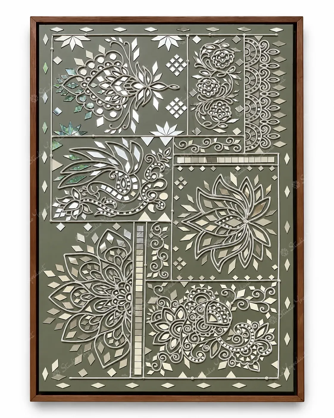 Grey Floral Lippan Mirror Wall Art