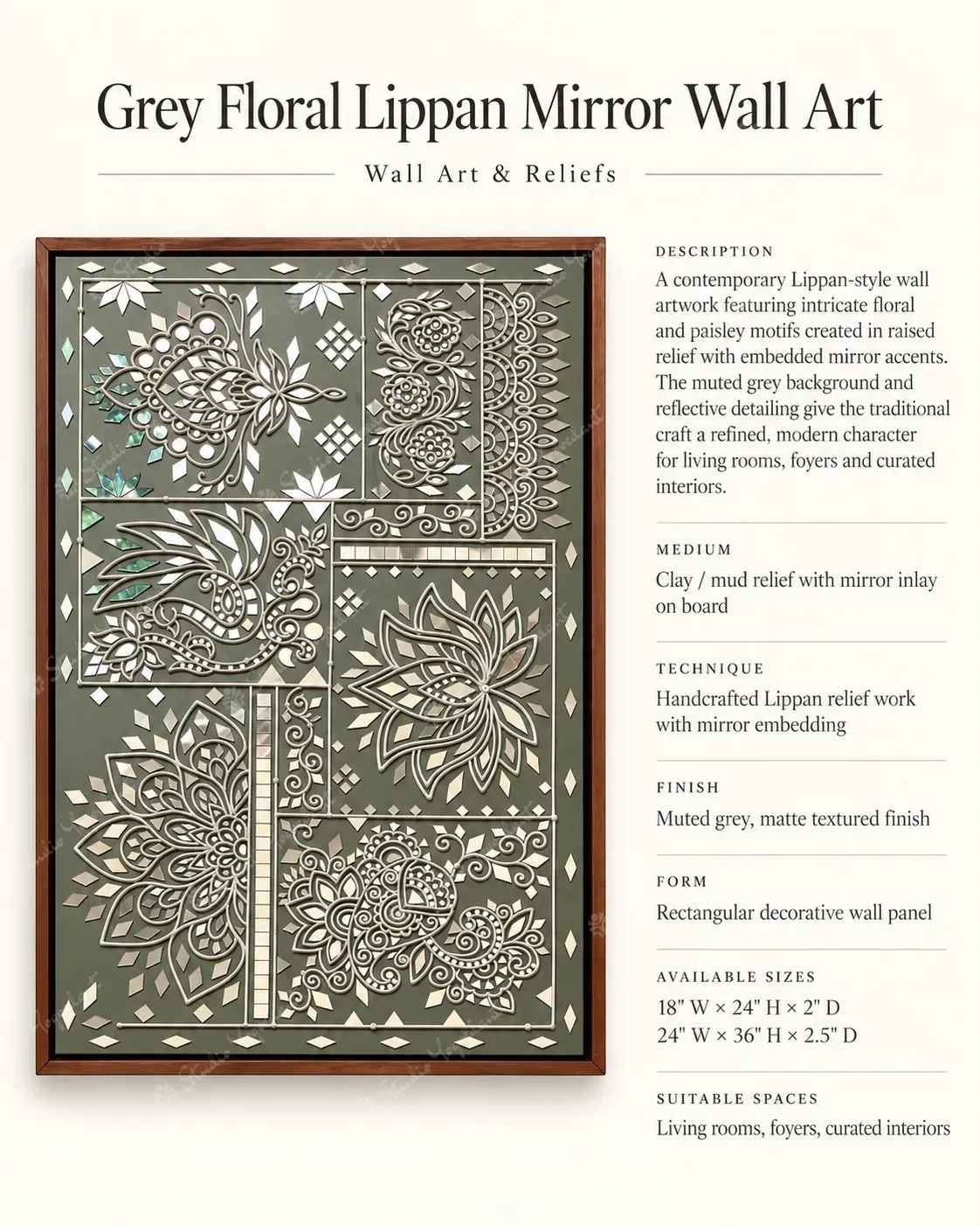 Grey Floral Lippan Mirror Wall Art - Image 3