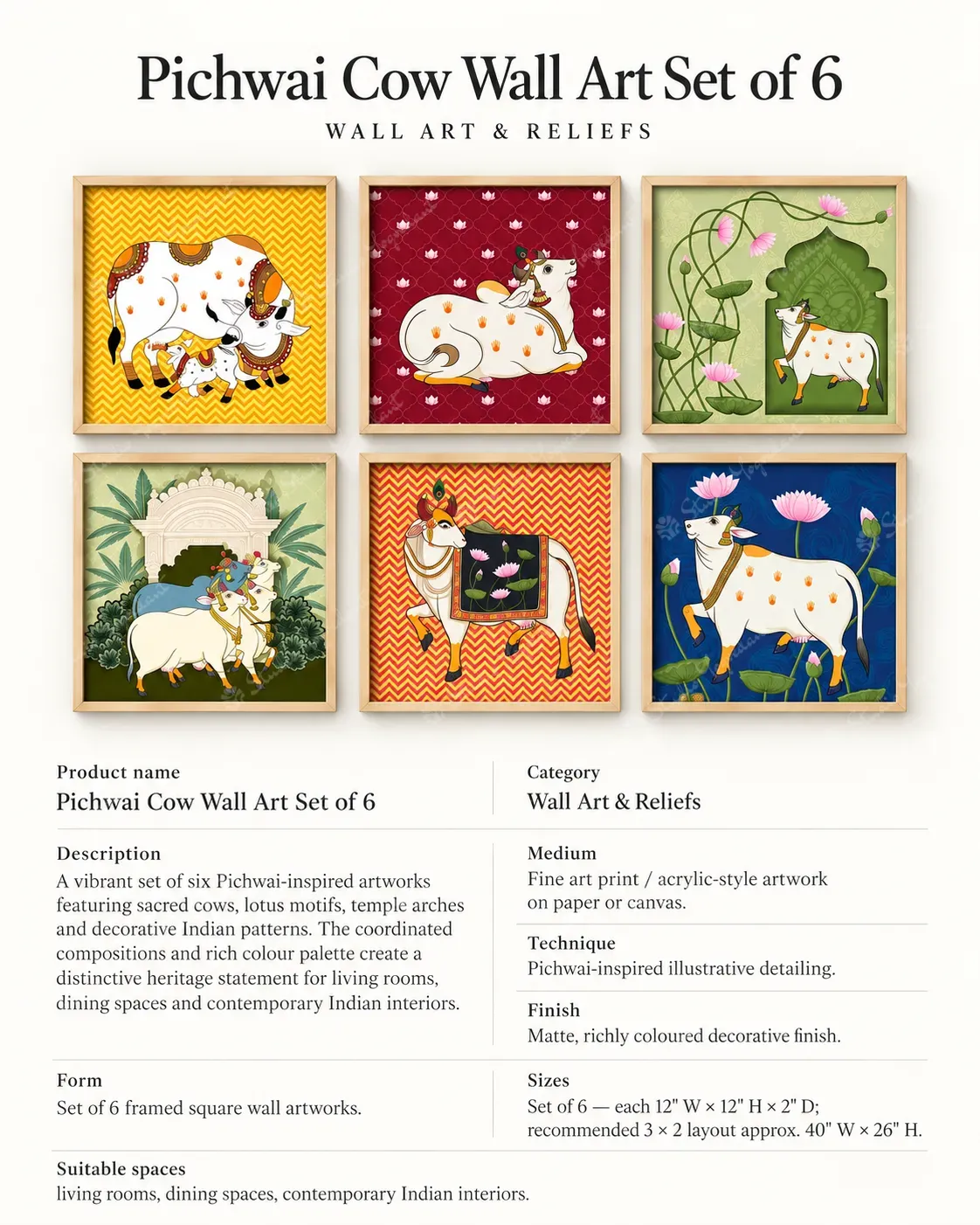 Pichwai Cow Wall Art Set of 6 - Image 3