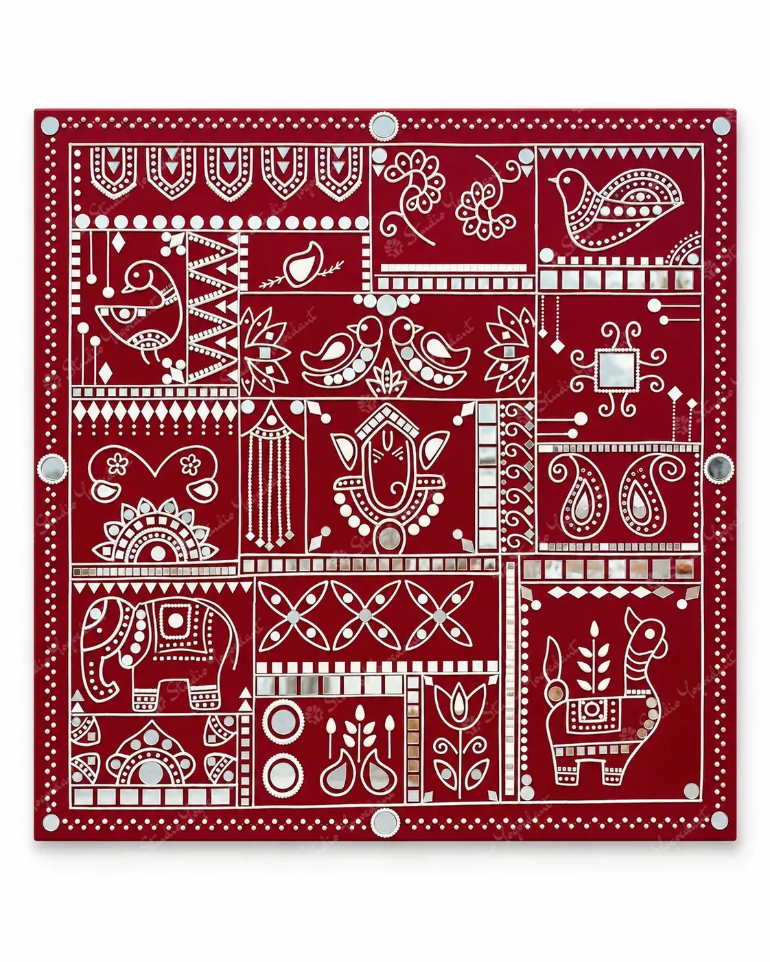 Red Lippan Ganesha Mirror Wall Art