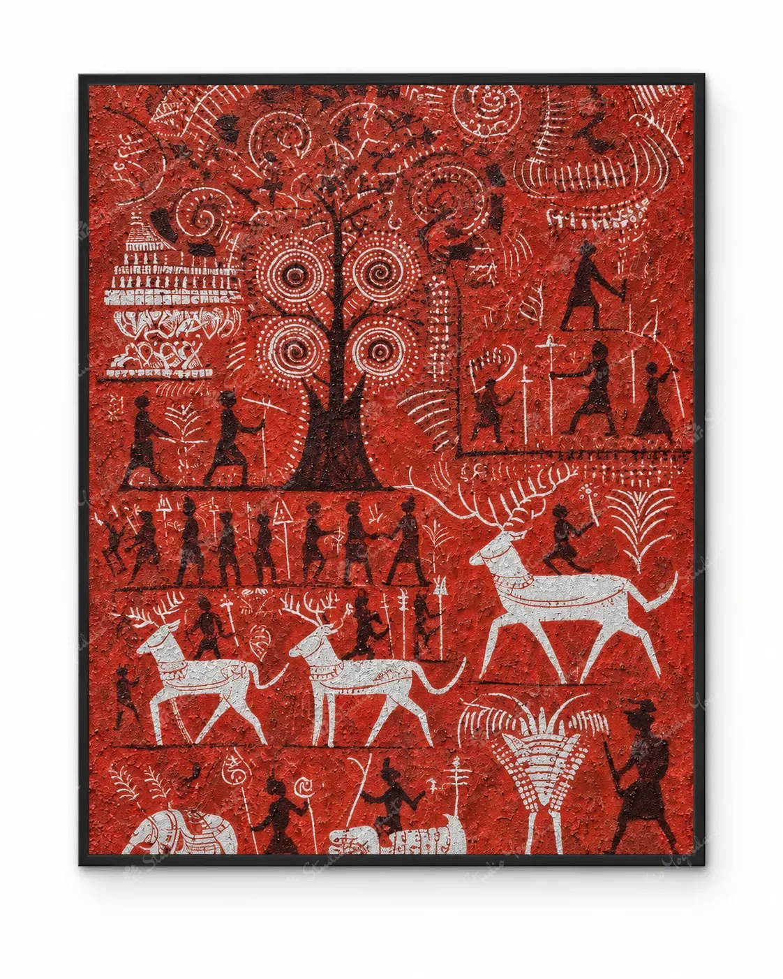 Red Warli Village Life Painting